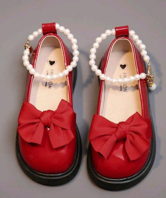 1 paire de chaussures babies style fée en PU rouge avec décoration de perles, semelles antidérapantes et durables, pour les filles