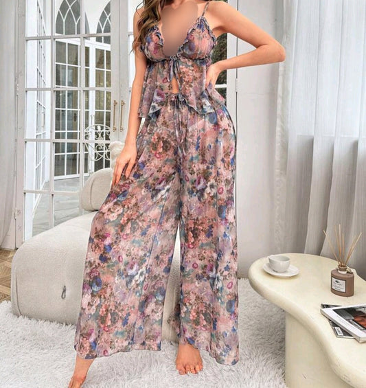 Ensemble de pyjama en maille avec nœud devant à imprimé floral