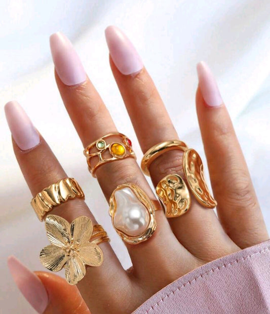 6 pièces/set d'anneaux rétro à design métallique de fleurs et strass