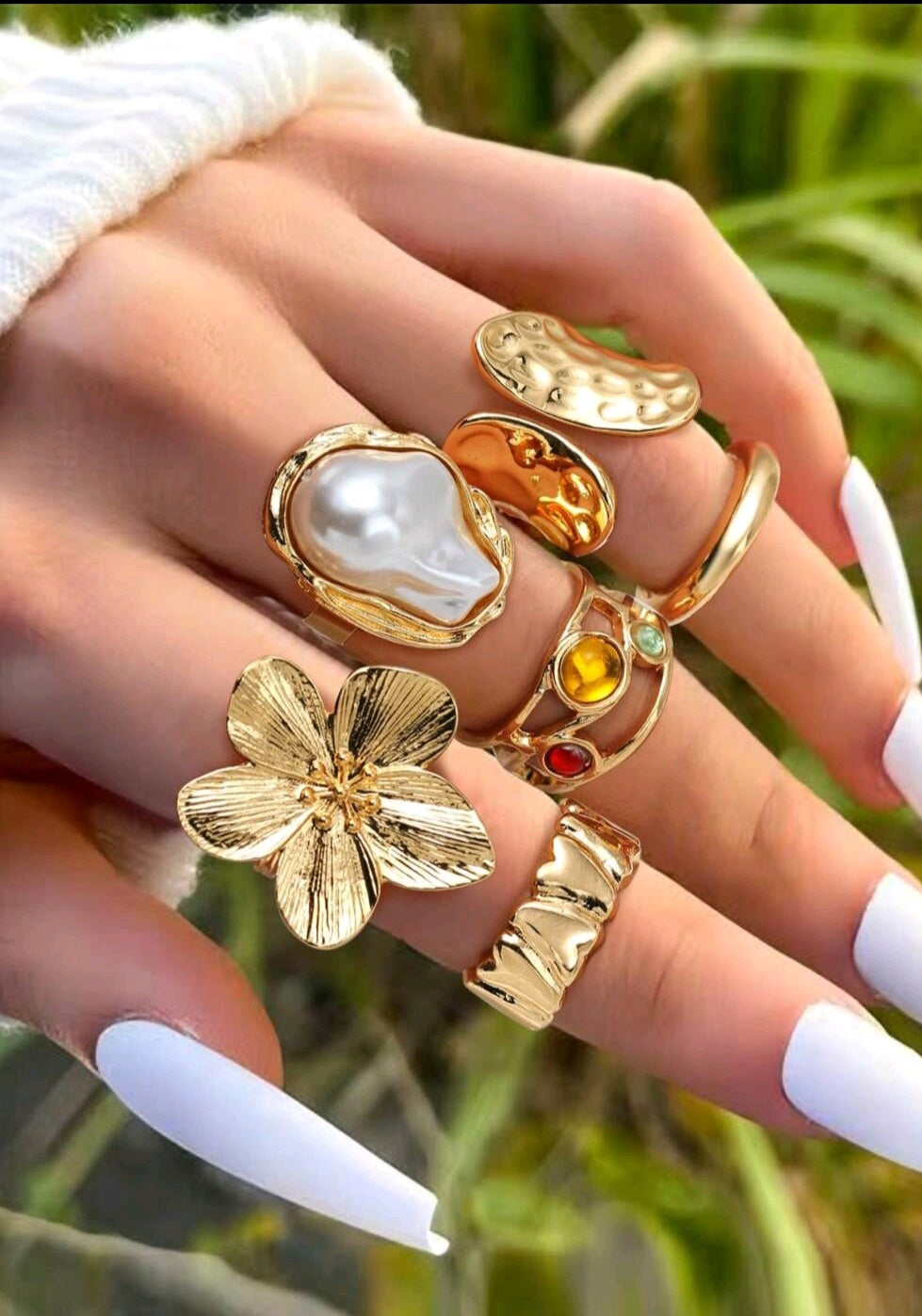 6 pièces/set d'anneaux rétro à design métallique de fleurs et strass
